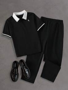Tween Boy Gentleman Two-Piece Black Minimalist Color-Block Polo Collar Short Sleeve And Long Pants Set For Birthday Party School Wedding Autumn - Black - View 2
