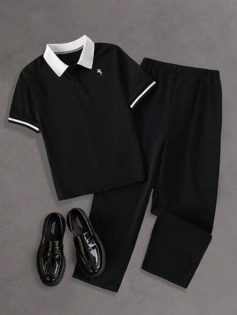 Tween Boy Gentleman Two-Piece Black Minimalist Color-Block Polo Collar Short Sleeve And Long Pants Set For Birthday Party School Wedding Autumn