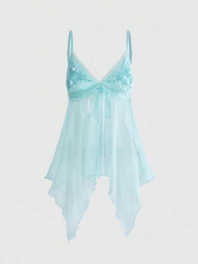 Vintage Damen-Camisole mit Perlenstickerei, Mesh, Fairycore-Stil und asymmetrischem Saum