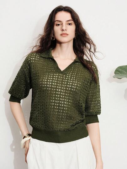 SHEIN Suéter Casual Feminino de Algodão Sintético com Tecido de Seda Brilhante, Gola Polo, Design Vazado e Caimento Solto