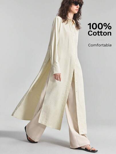 Ontre Women's Pale Yellow Comfortable Skin-Friendly Premium Striped Fabric High Slit To Waist Flowy Hem Multi-Panel Shirt, All-Season Versatile Modern Urban Fashion Business Casual Office Wear, Low-Key Old Money Style Elegant High-End Commuter Outfit, High-Quality Airport Street Style Coffee Shop Relaxed Look, Vacation Themed Blouse