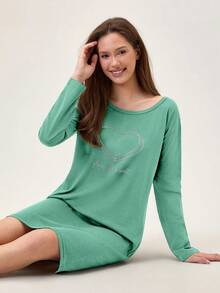 Loomlin Women Cotton Contrast Colour Heart&Lettered Round Neck Printed Long Sleeve Pajama Dress - Green - View 5