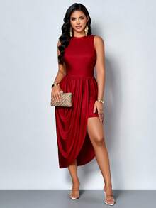 SOLERSUN Spring/Summer Women's Wear: Elegant And Charming, Perfect For Parties And Gatherings. Stretch Knit Fabric, Sleeveless, Stand Collar, Fitted, Front Slit, Gathered, Asymmetrical Hem, Midi Dress. - Burgundy - View 4
