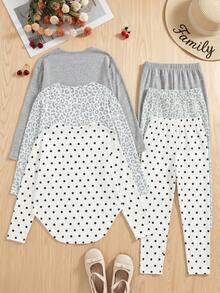 SHEIN Sparklyn 青少年女孩 3件組長袖套裝 可愛馬刺繡圓領上衣與長褲 灰色素色波點豹紋休閒套裝 秋季 - 彩色 - 查看 2