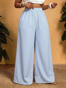 Slaydiva Plus Size Casual Striped Wide Leg Pants For Vacation Fall - Multicolor - View 1