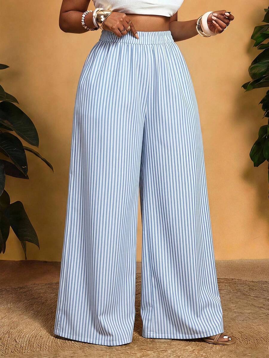 Slaydiva Plus Size Casual Striped Wide Leg Pants For Vacation Fall - Multicolor - View 1