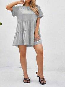 EMERY ROSE Plus Size Round Neck Solid Color Short Sleeve Tiered Loose Dress Dinner Date Night Grey Summer - Grey - View 3