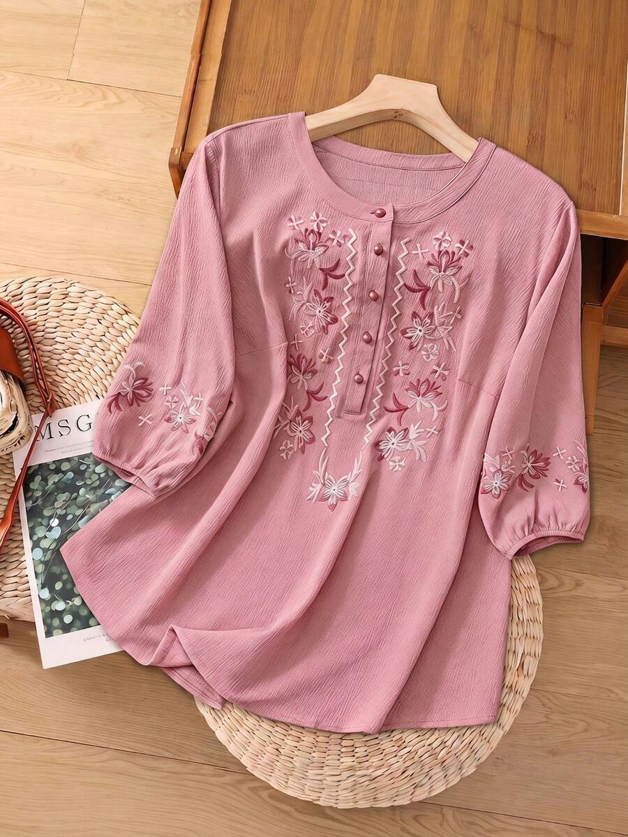 SHEIN LUNE CURVE 大尺碼女款刺繡襯衫 - 粉色 - 查看 1