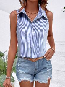 SHEIN Holidaya 藍白條紋無袖寬鬆襯衫 - 藍色 - 查看 4