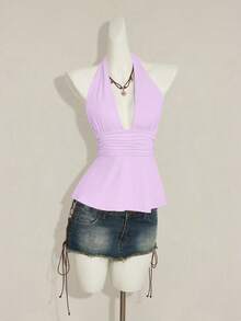 SHEIN ICON Halloween Women's Halter Backless Lavender Babydoll Tank Top Beach Vacation Summer Tropical - Mauve Purple - View 3