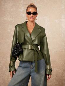 Lumalex Chaqueta casual de manga larga raglán de cuero PU de unicolor para mujer - Verde Oliva - Ver 3