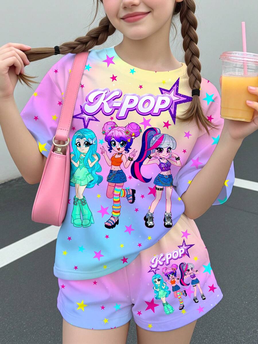 青少年女孩休閒卡通女團印花 K-Pop 超級巨星 紮染短袖 T 恤與短褲 2 件套,適合夏季 - 彩色 - 查看 1