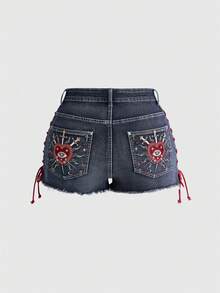 ROMWE Goth Shorts vaqueros mini súper cortos de talla grande con diseño de cordón, bolsillos con patrón bordado de ojo, corazón, estrella, perlas y gemas, estilo gótico oscuro - Azul - Ver 1