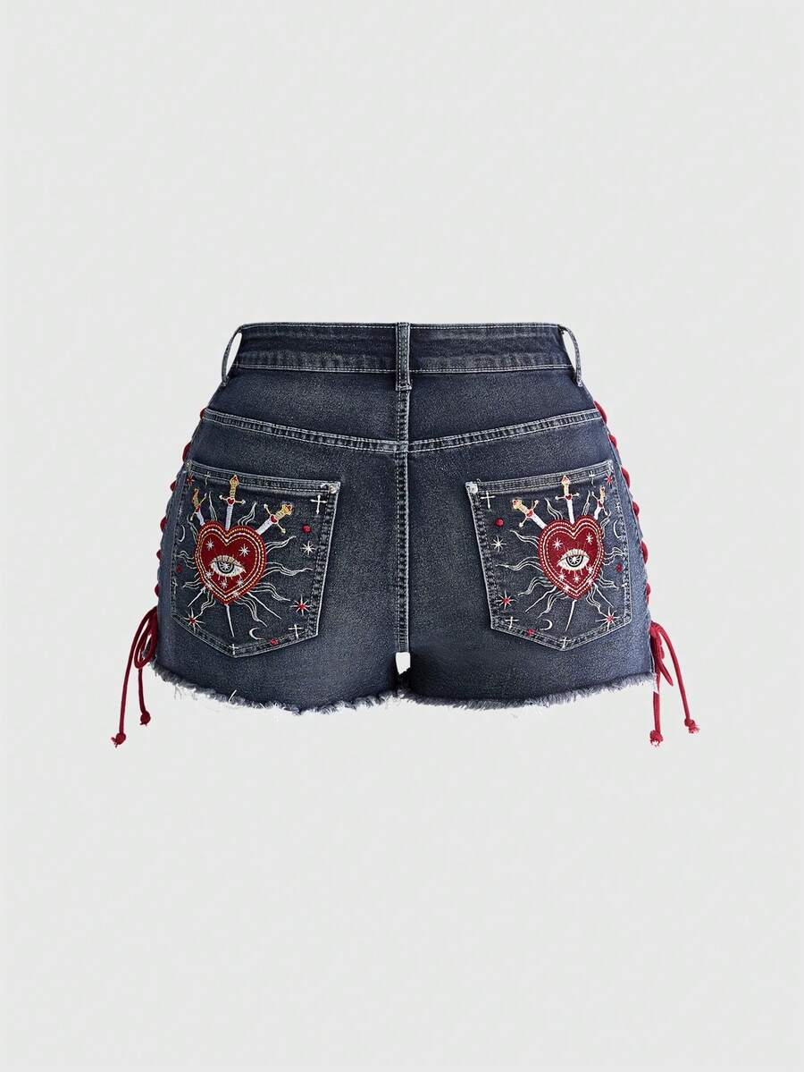 ROMWE Goth Shorts vaqueros mini súper cortos de talla grande con diseño de cordón, bolsillos con patrón bordado de ojo, corazón, estrella, perlas y gemas, estilo gótico oscuro - Azul - Ver 1