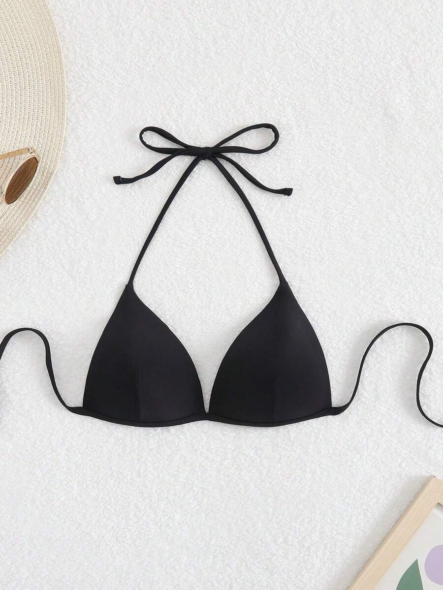 Swim Basics Summer Beach Solid Halter Triangle Bikini Top - Black - View 1