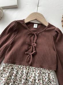 LMoss Kids Conjunto de 2 piezas para niña: Camiseta casual de cuello redondo ajustada de color liso de punto + Vestido camisola de tejido con estampado floral pequeño - Multicolor - Ver 4