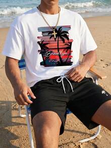 Manfinity EZcore Plus Size Men's T-Shirt Set, Sunset Coconut Tree Holiday Pattern - Multicolor - View 2