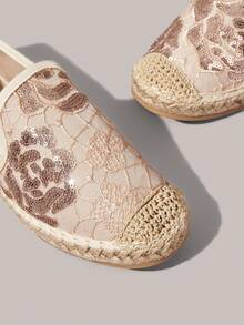 Styleloop Zapatos de mujer color nude claro con malla, lentejuelas y bordados, punta redonda, zapatos planos, estilo suave e idílico, modelos de primavera y verano, adecuados para uso diario, viajes y vacaciones - Albaricoque D - Ver 5
