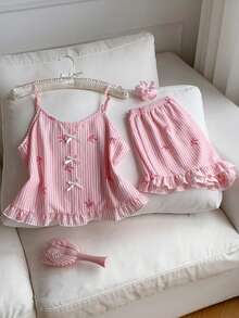 Comfortcana Cute Bow Decor Pink Striped Bow Print Camisole & Shorts Pajama Set - Pink - View 8