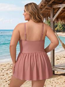 SHEIN CURVE+ Plus Size Women's Solid Color Ruched Spaghetti Strap Swim Dress, Suitable For Summer Vacation And Beach Orange Sexy - Dusty Pink - View 2