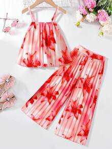 SHEIN Elladie kids 這套甜美花卉印花兩件式幼兒夏季套裝包含一件吊帶背心和長褲，適合日常購物、外出、度假和夏令營等多種場合 - 紅色 - 查看 3