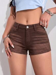 SHEIN EZwear 女款休閒百搭牛仔短褲，附口袋與鈕扣，適合日常穿著 - 玫瑰紅 - 查看 7