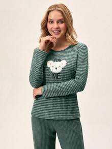 Loomlin 2pcs Contrast Colour Striped With Cute Koala Embroidery Detail PJ Set - Multicolor - View 5