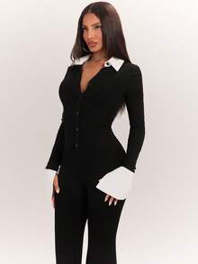 Radiana Women's Elegant Commute Colorblock Patchwork Jumpsuit - Black and White - View 6