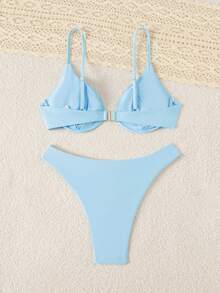 Swim Vcay 春夏新款黃色鋼圈比基尼性感女款泳衣海灘度假約會清新可愛甜美泳裝 - 淺藍色 - 查看 7