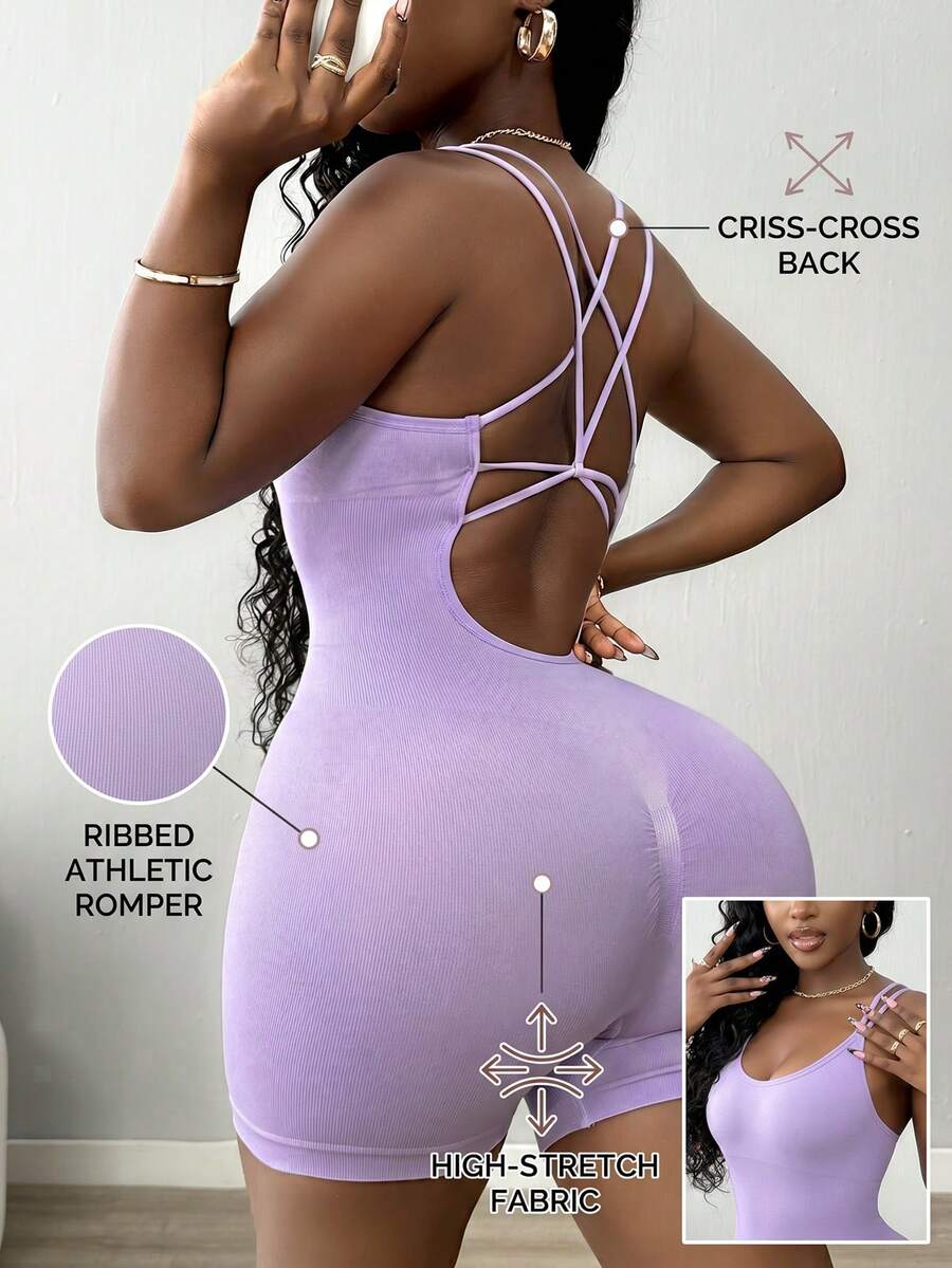 SHEIN Core Rhythm Women's Solid Color Seamless Sports Jumpsuit, Criss-Cross Strap Design, Backless Tight-Fitting Jumpsuit, Athletic Wear, Suitable For Yoga, Fitness And Other Activities - Purple - View 1