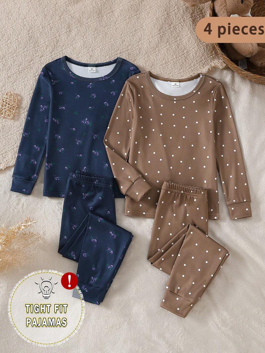 Girls' Small Polka Dot & Ditsy Floral Long Sleeve Long Pants Tight Pajama Set, Multi-Piece Loungewear - Multicolor - View 1