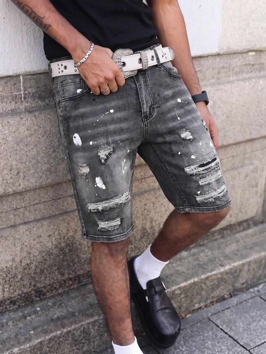Manfinity EMRG 男士休閒百搭做舊牛仔短褲，口袋設計，適合日常穿著 - 灰色 - 查看 1