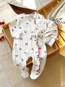 SHEIN Vintaside Kids 新生女嬰白色條紋甜美可愛鬆款前開拉鍊荷葉邊連身褲附腳套兩件套拍照裝 - 杏色 - 查看 8