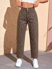 SHEIN PETITE Women's Fashion Versatile Leopard Print Button Pocket Denim Jeans - Multicolor - View 4