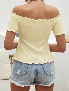 SHEIN VCAY Camiseta de mujer para vacaciones de unicolor con volantes, hombros descubiertos y manga corta - Albaricoque - Ver 2