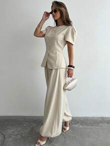 Firerie 女款極簡優雅現代通勤辦公早午餐時尚套裝，杏色短袖圓領收腰外套搭配寬鬆燈籠褲套裝 - 杏色 - 查看 8