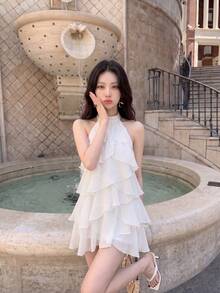 Skyraze White Multi-Layer Ruffle Collar Mini Dress,Summer Elegant Women Vacation Outfits,Chiffon Party Wedding Guest Graduation Date Dress,Boho Beach Wear - White - View 4