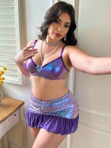 Fantasy Hour 美人魚公主 Cosplay 亮面漆皮魚鱗亮片貝殼深 V 有鋼圈聚攏式掛脖亮片大尺碼內衣套裝 3 件組 - 紫色 - 查看 5