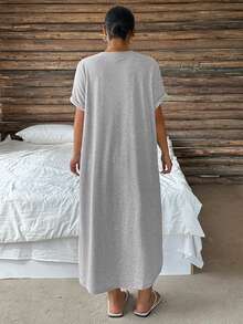 Dazy Plus Solid Color Casual Crew Neck Loose Short Sleeve Knit Maxi Dress Plus Size Women Spring Summer - Grey - View 7