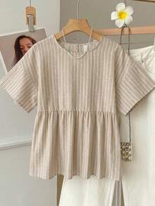 SHEIN EZwear 女款休閒條紋襯衫，女款夏季服飾，女款休閒穿著，條紋襯衫，街頭風格，適合日常通勤、約會、聚會、秋冬、夏季、聖誕節、新年、感恩節、派對、婚禮、海灘、畢業典禮，優雅、休閒、外出 - 彩色 - 查看 3