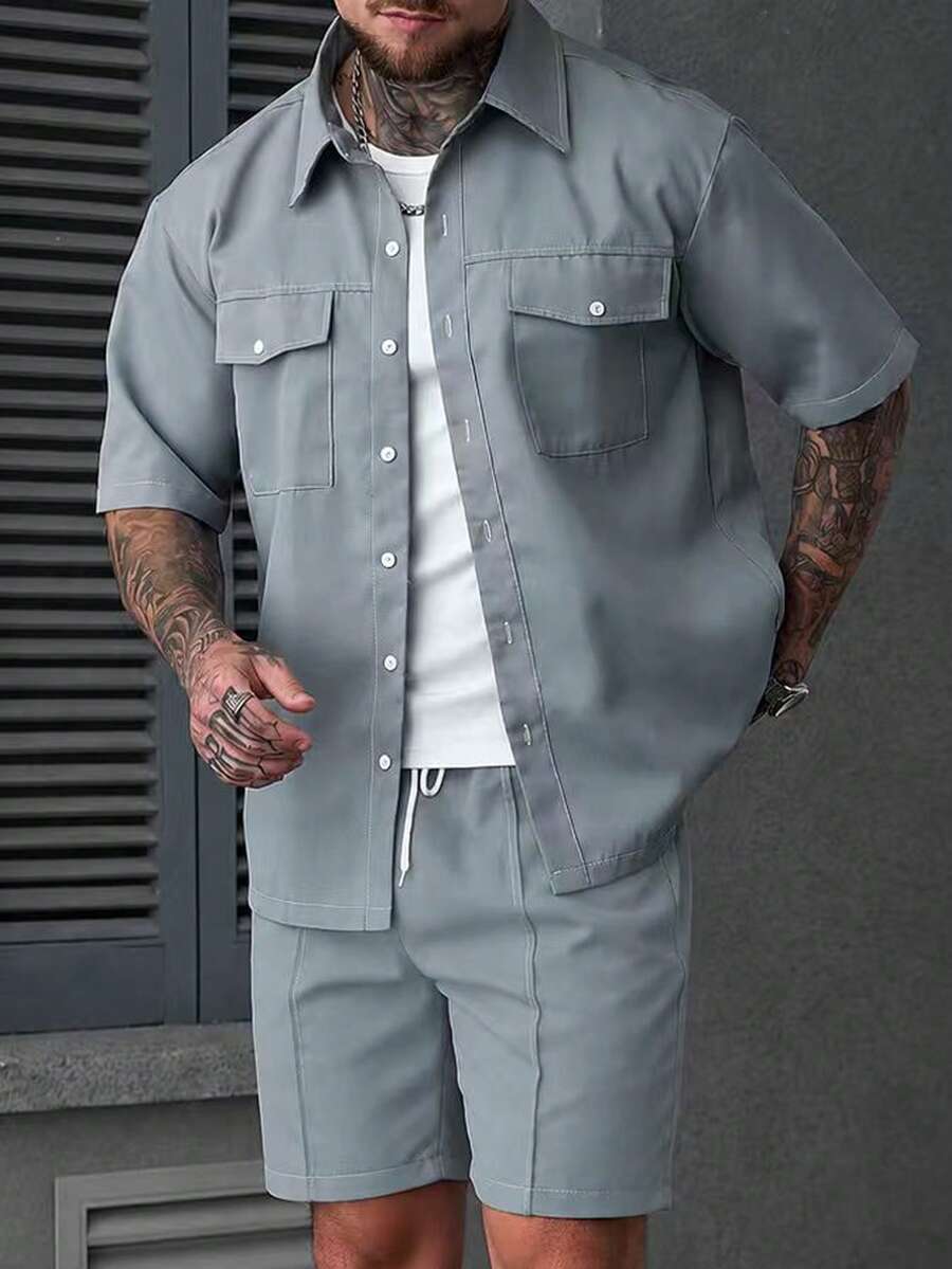 SLATEMANN Men's Solid Color Single-Breasted Double Pocket Design Short Sleeve Shirt And Shorts Set - Dusty Blue - View 1