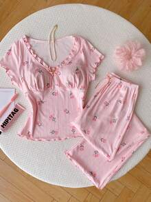 Comfortcana Conjunto de pijama casual y lindo con cuello de patrón de tulipán, empalmado y con volantes - Rosa - Ver 5