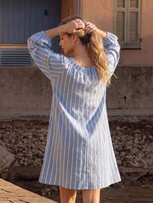 Vivid Eden Plus Size Women's Front Knot Striped Long Sleeve Casual Dress Vacation Hawaii Light Blue Autumn - Blue - View 4