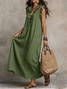 SHEIN Holidaya Women's Vacation Ruffle V-Neck Flutter Sleeve Dress, Women's Vacation Dress, Women's Apricot Dress - Dark Green - View 3