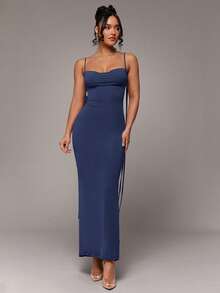 Silquee Women's Summer Sexy Elegant Solid Color Backless Spaghetti Strap Dress Night Out Navy Blue - Navy Blue - View 2