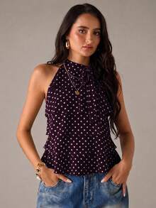 SHEIN BAE Women's Polka Dot Print Multi-Layer Ruffle Halter Top - Maroon - View 3