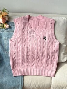 SHEIN 少女粉色刺繡背心毛衣，圓領，適合搭配裙子，適用於秋冬春夏 - 粉色 - 查看 7