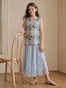 Anewsta Tween Girl Party Dress Summer Sleeveless Blue Water-Soluble Floral Patchwork Random Beaded Mesh Dress For Girls Mid-To-Large Children Luxury Evening And Occasion Dresses, Wedding, Party - Blue - View 6