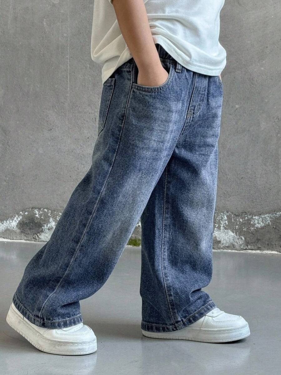Bubblio Baby Boy Blue Denim Loose Straight Leg Pants - Medium Wash - View 1