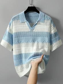 Manfinity LEGND Men's Colorblock Casual Versatile Daily Wear Knit Short Sleeve Top - Baby Blue - View 7